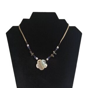 Handmade Lightweight Sea Glass Beaded MOP Abalone Shell Flower Pendant Necklace
